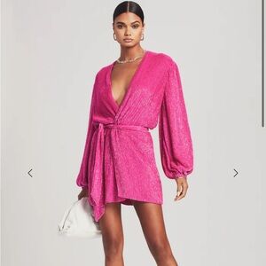 Retrofete Hot Pink Wrap Mini Dress with Long Sleeves